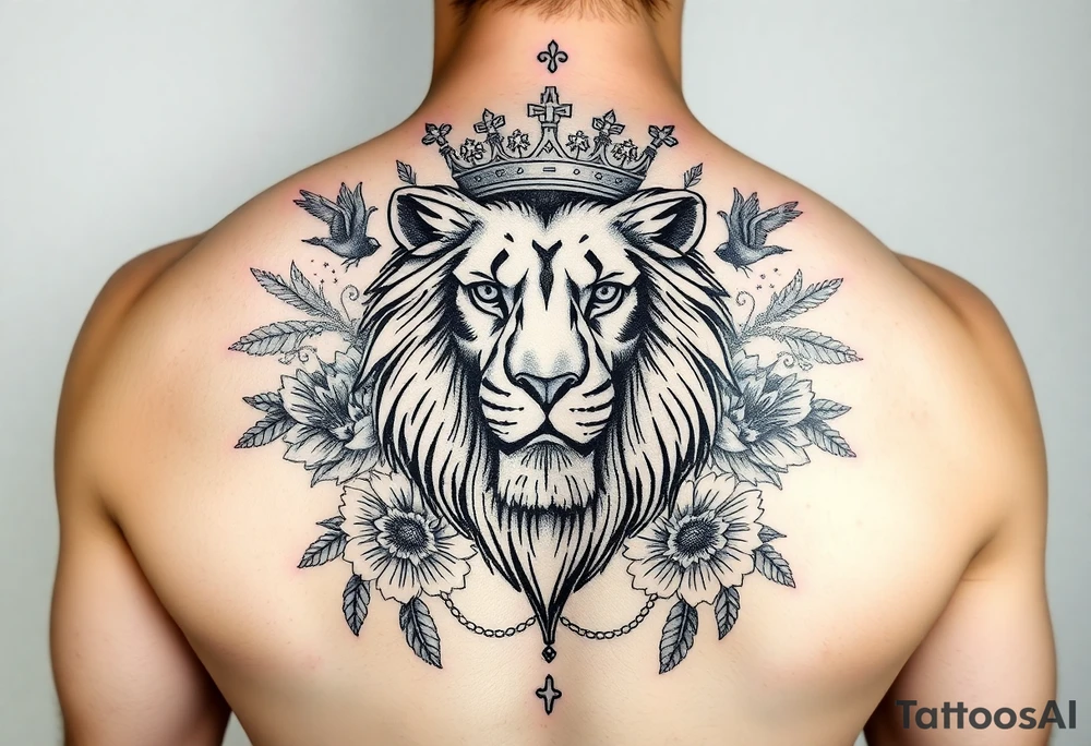 powerful majestic lion with a crown, surrounded by floral ornaments and birds tattoo idea