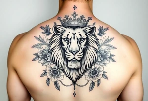 powerful majestic lion with a crown, surrounded by floral ornaments and birds tattoo idea