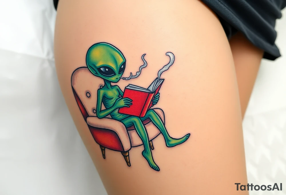 Alien reading a book while smoking and sitting in a fluffy chair tattoo idea