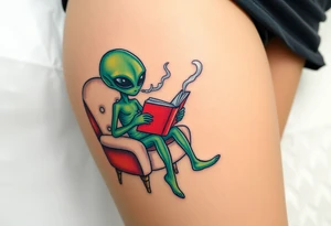 Alien reading a book while smoking and sitting in a fluffy chair tattoo idea