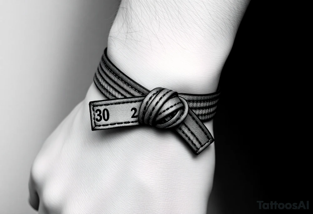 A realistic black and gray tattoo of a Brazilian Jiu-Jitsu black belt wrapping around the wrist like a bracelet. The belt is tied in a knot with one end showing the number 30 and the other showing 24. On the flat end of the belt, two Japanese kanji characters are inked in white: 成長 (growth) and 忍耐 (perseverance). The belt has subtle stitch marks and worn, textured shading for a slightly distressed, authentic look. tattoo idea