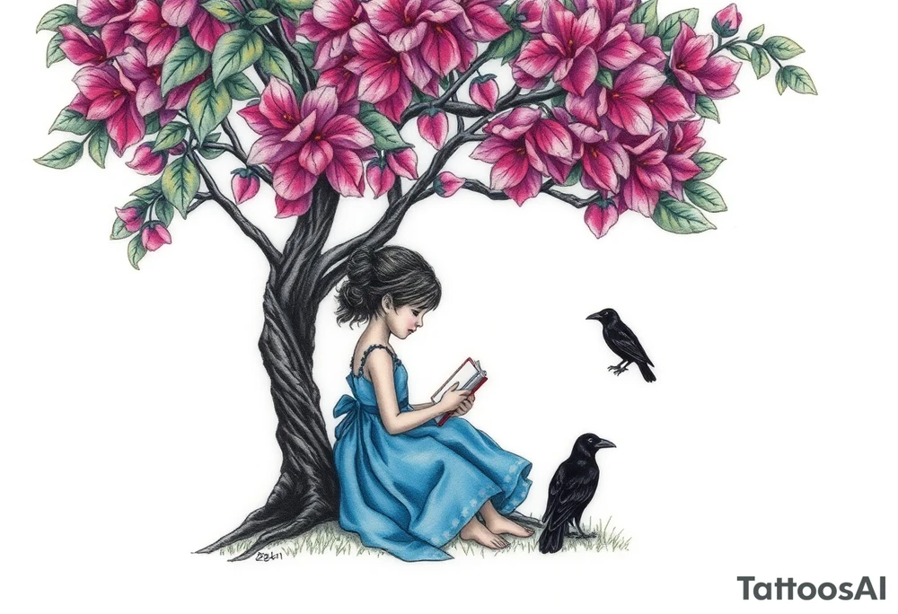 A tree of Impatiens walleriana, a little girl wearing a blue dress sitting under it while reading. A small raven watching her.


. tattoo idea