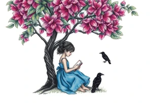 A tree of Impatiens walleriana, a little girl wearing a blue dress sitting under it while reading. A small raven watching her.


. tattoo idea