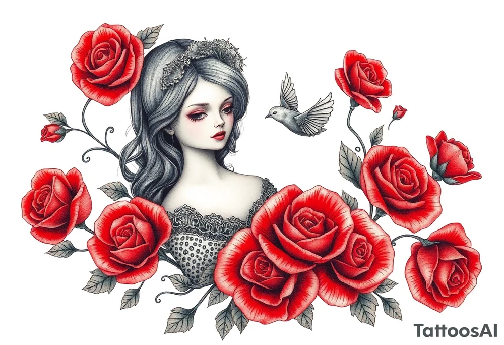 Vintage dollies, red roses, lace, red bird, no people, vintage, wrap around tattoo idea