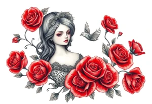 Vintage dollies, red roses, lace, red bird, no people, vintage, wrap around tattoo idea