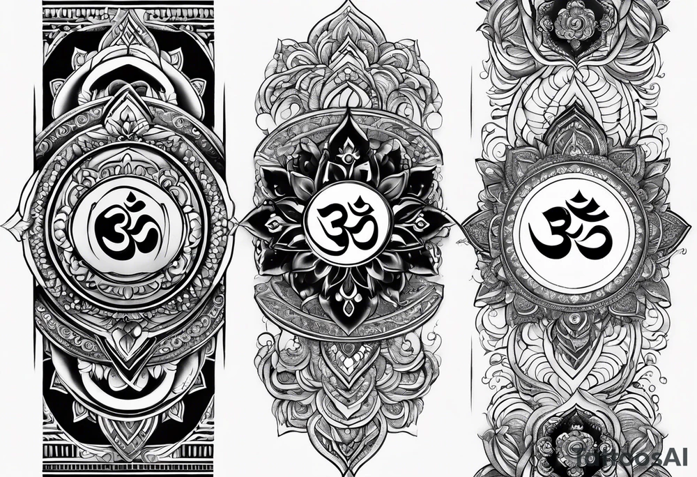 Spiritual forearm sleeve tattoo centred around the Sanskrit Om symbol for breathe tattoo idea
