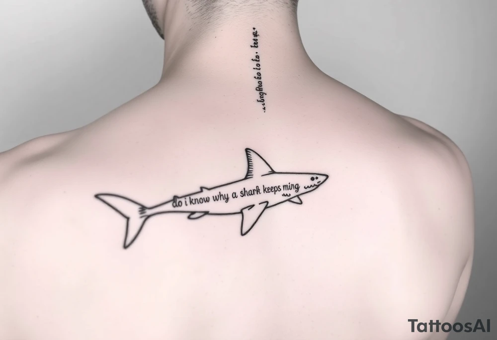 Small Whale shark on back by spine with the words “do you know why a shark keeps moving”wrapped around the shark tattoo idea