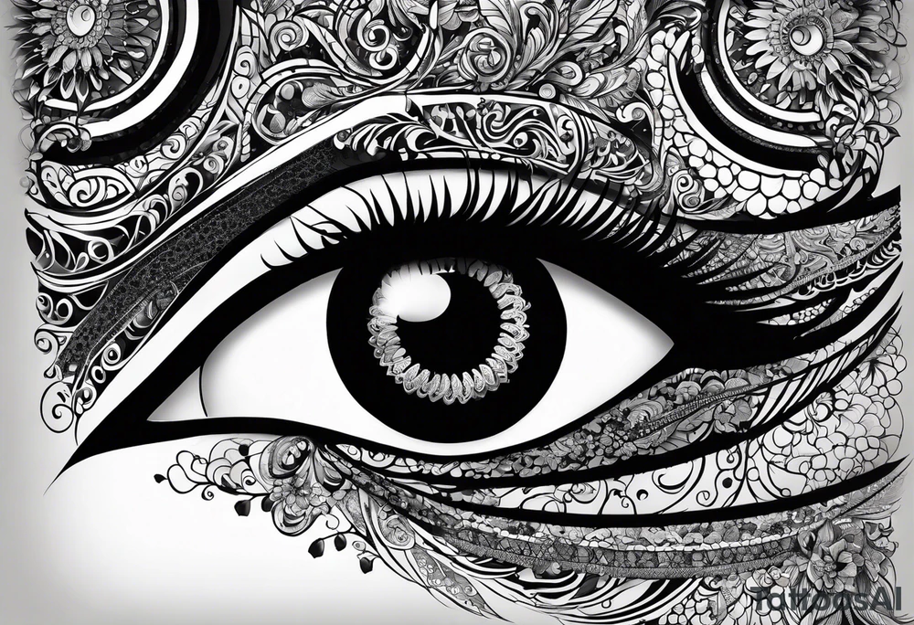 Elbow length lace glove, swirls and whorls of black ink, large feline eye on the palm tattoo idea