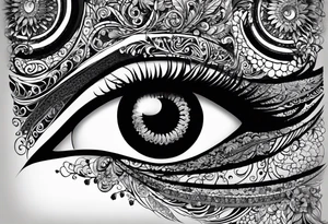 Elbow length lace glove, swirls and whorls of black ink, large feline eye on the palm tattoo idea