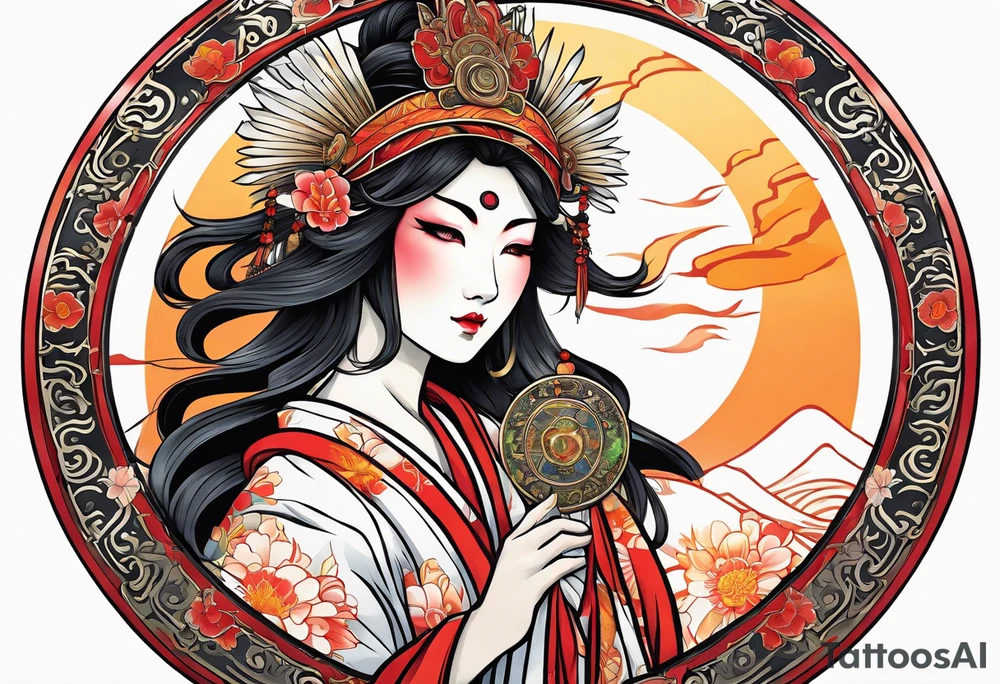 Japanese sun goddess Amaterasu with headdress holing mirror tattoo idea