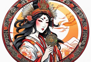 Japanese sun goddess Amaterasu with headdress holing mirror tattoo idea