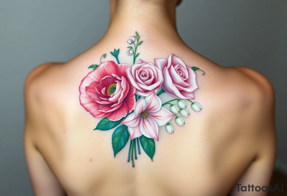 Small 3d Bouquet of Carnation, Astor, Rose, Lily of the valley, Larkspur with realistic, low tone pastel colors with no black tattoo idea