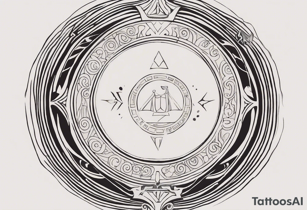 "Create a minimalist round tattoo inspired by ancient greek art, centered around the muse of history. Design a circular composition featuring the muse depicted in the center, holding a scroll adorned with historical symbols or inscriptions. Surround her with subtle yet meaningful elements such as ancient greek architectural motifs, symbolic representations of ancient civilizations, or fragments of historical texts. Ensure the design maintains a minimalist aesthetic with clean lines and limited detail, while capturing the essence of dedication to preserving and inspiring the study of history within the circular frame." tattoo idea
