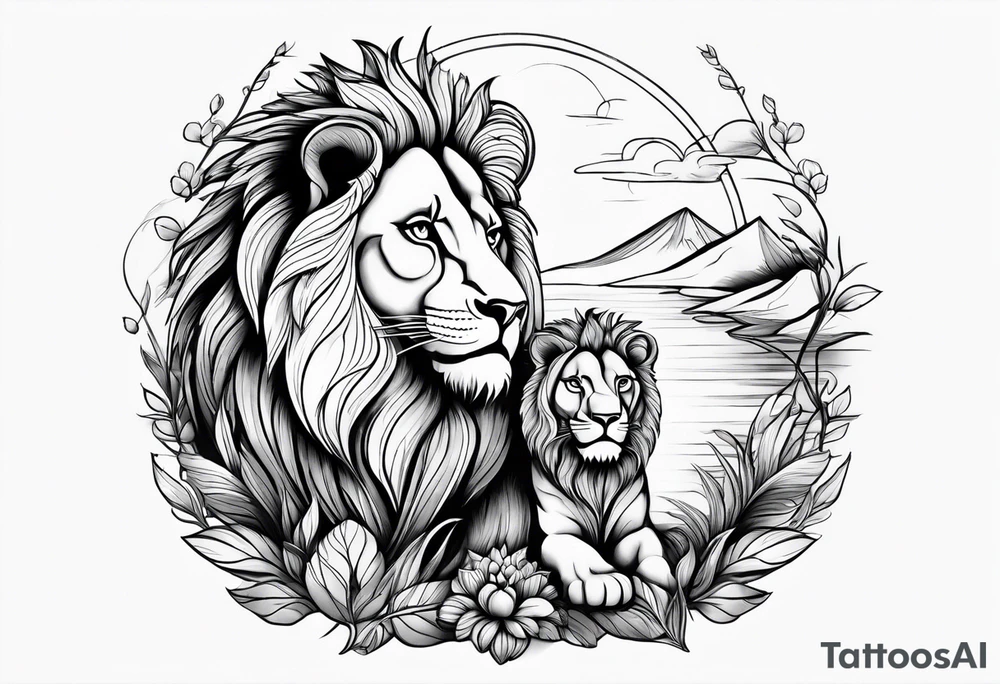 shoulder sleeve with lion and cub, landscape background tattoo idea