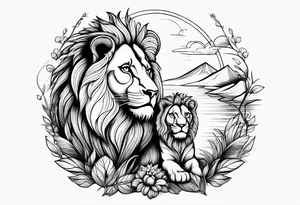 shoulder sleeve with lion and cub, landscape background tattoo idea