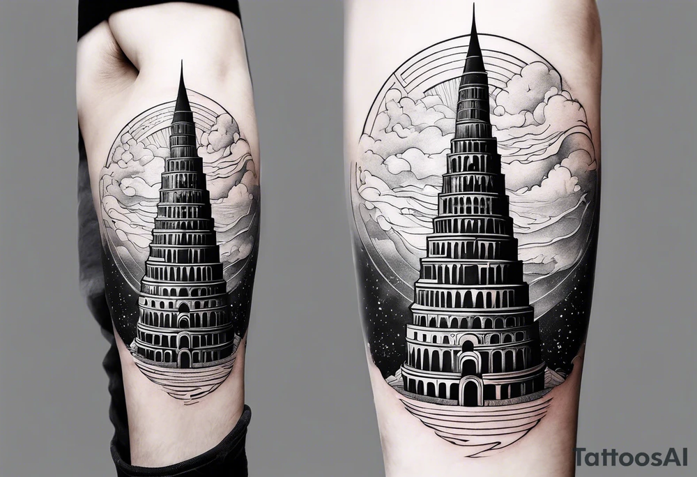 ultra minimalist tattoo of the Babel tower with a cosmic background tattoo idea