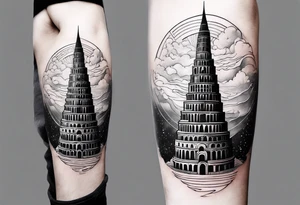 ultra minimalist tattoo of the Babel tower with a cosmic background tattoo idea