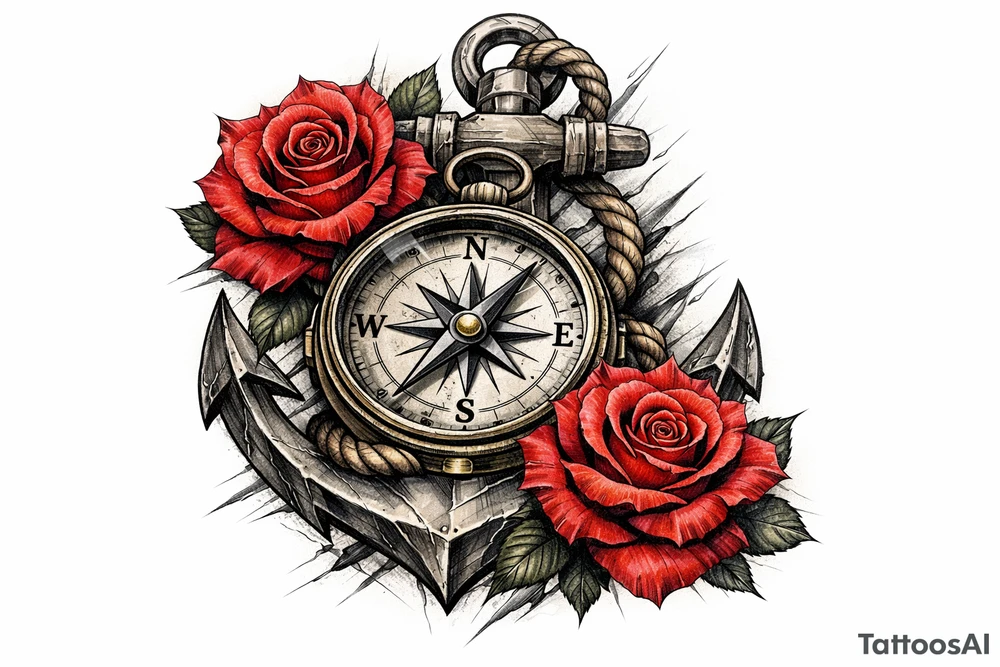 a compass,anchor,roses. tattoo idea