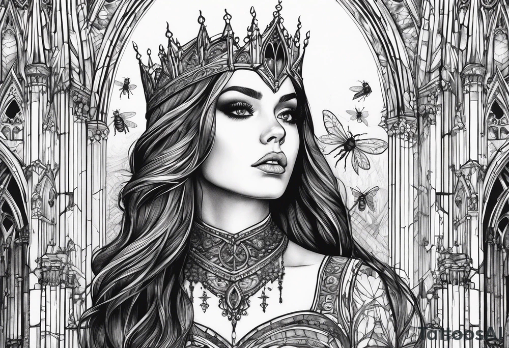 Gothic cathedral with beauty girl face with horror eyes and insects tattoo idea