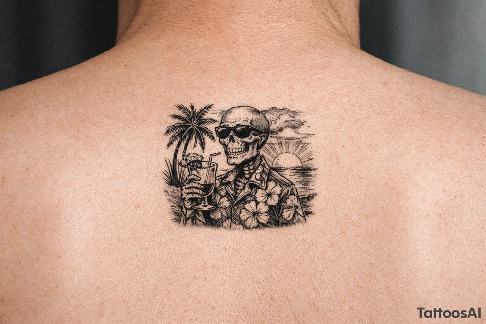 Skeleton in Hawaiian shirt and sunglasses holding a cocktail on a beach with palm trees and a setting sun. tattoo idea