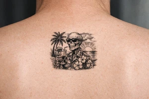 Skeleton in Hawaiian shirt and sunglasses holding a cocktail on a beach with palm trees and a setting sun. tattoo idea