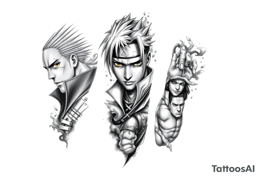Full Naruto anime tattoo in black and grey realism, designed for the entire arm. Featuring Kakashi Hatake, Itachi Uchiha, and Pain, with detailed portraits and dramatic poses. Sharp shading, bold linework, and high contrast with smoky shadows for depth. Integrate multiple panels flowing seamlessly together, with each character framed by abstract effects like chakra energy, smoke, and broken stone textures. Masculine, dynamic, and intense style with strong highlights and shadows.” tattoo idea