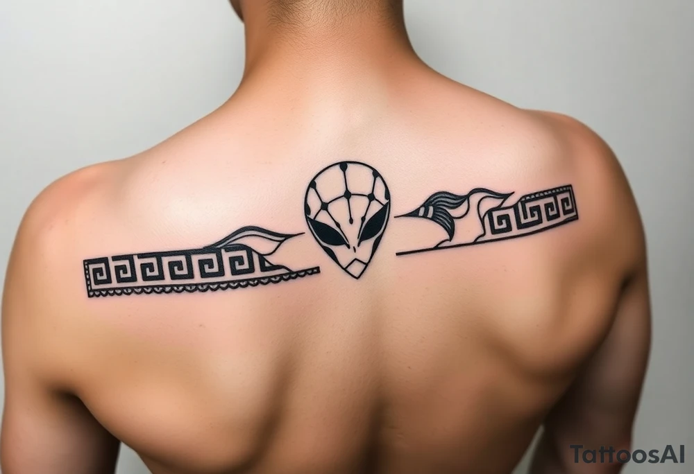 "Ultra-thin horizontal tattoo band (ratio 10:1), black and red line art. Seamless fusion of:  
- Greek meander pattern,  
- Neo-tribal sharp angles,  
- Chinese dragon scales (black) and phoenix feathers (red),  
- Alien head as abstract geometric symbol (3 lines + 2 dots, resembling ancient petroglyph).  

Hidden details: Bagua trigrams in corners. Alien symbol integrated into meander like a subtle glyph — no facial features, only minimal shapes.  

Style: sacred geometry, dotwork tattoos, ancient Greek pottery motifs. All elements balanced — nothing dominant. NO realism, NO aggression, pure symbolism." tattoo idea
