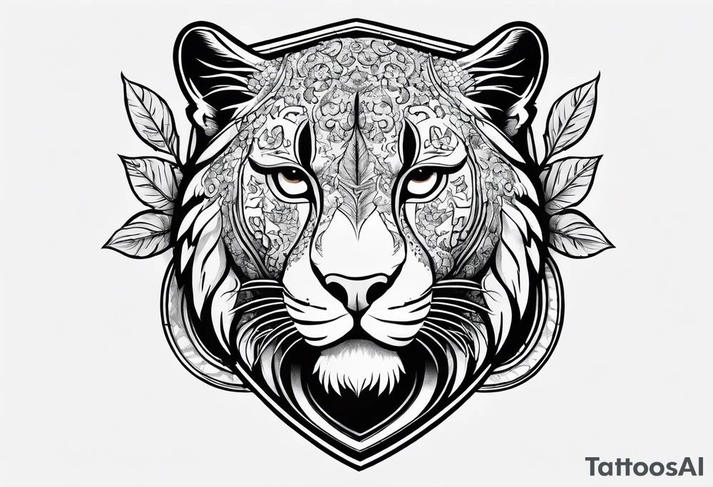 A shield with leopar head as shield's emblem. The shield would be hang on a ivy planted wall tattoo idea
