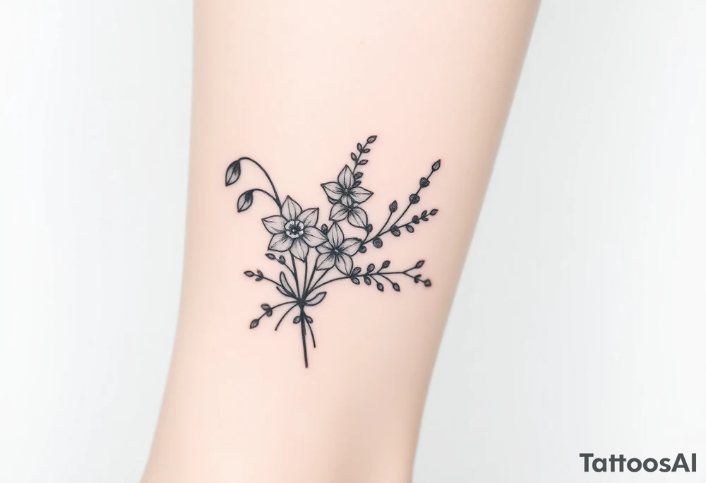 Bouquet of birth months flowers Lilly of the valley, daffodil, larkspur and Ilex aquifolium with berries tattoo idea
