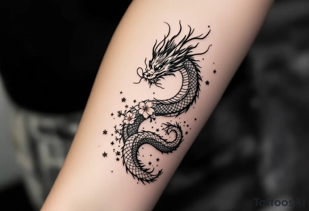 dragon japanese style sakura trees nebula tattoo idea