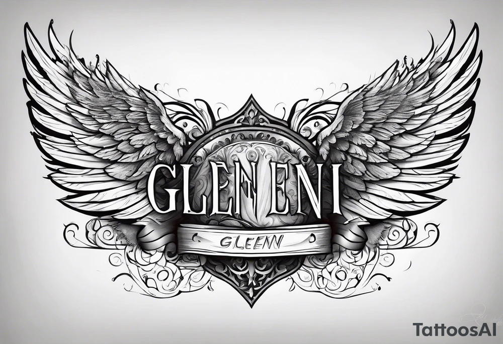 The word Glenn on a banner with angel Wings tattoo idea