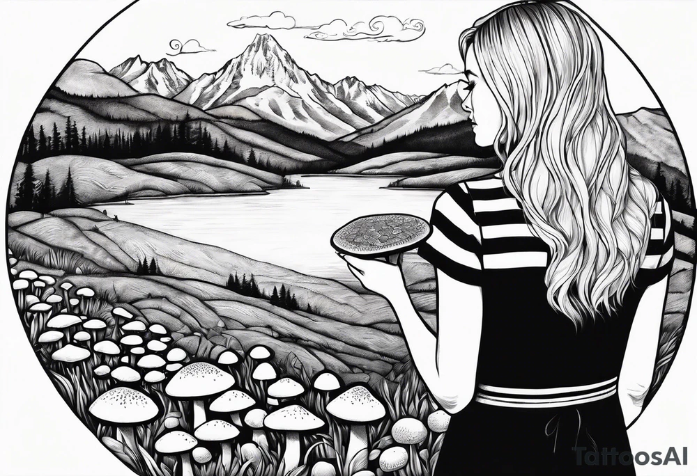 Straight blonde hair girl holding mushrooms in hand facing away toward mountains surrounded by mushrooms circular design black and white striped dress tattoo idea