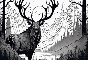 A TERRIFYING decaying lore accurate wendigo surrounded by a forest fire in background tattoo idea