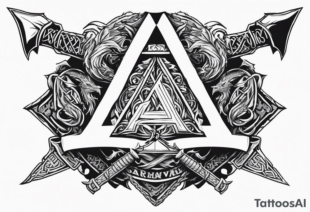 Valhalla sword shield dragon axe Valknut barbed wire chains tattoo idea Valhalla sword shield dragon axe Valknut barbed wire chains tattoo idea
