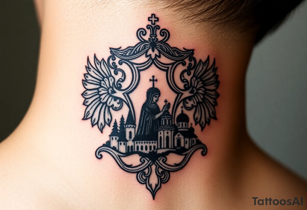 Traditional authentic Russian coat of arms with a Christian orthodox virgin marry in the middle and silhouette in a Russian wilderness Christian orthodoxy dome church village setting on the side of my neck tattoo idea