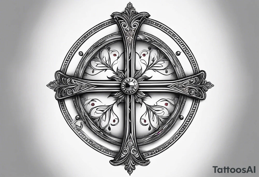 A simple cross with a smaller compass in the middle tattoo idea