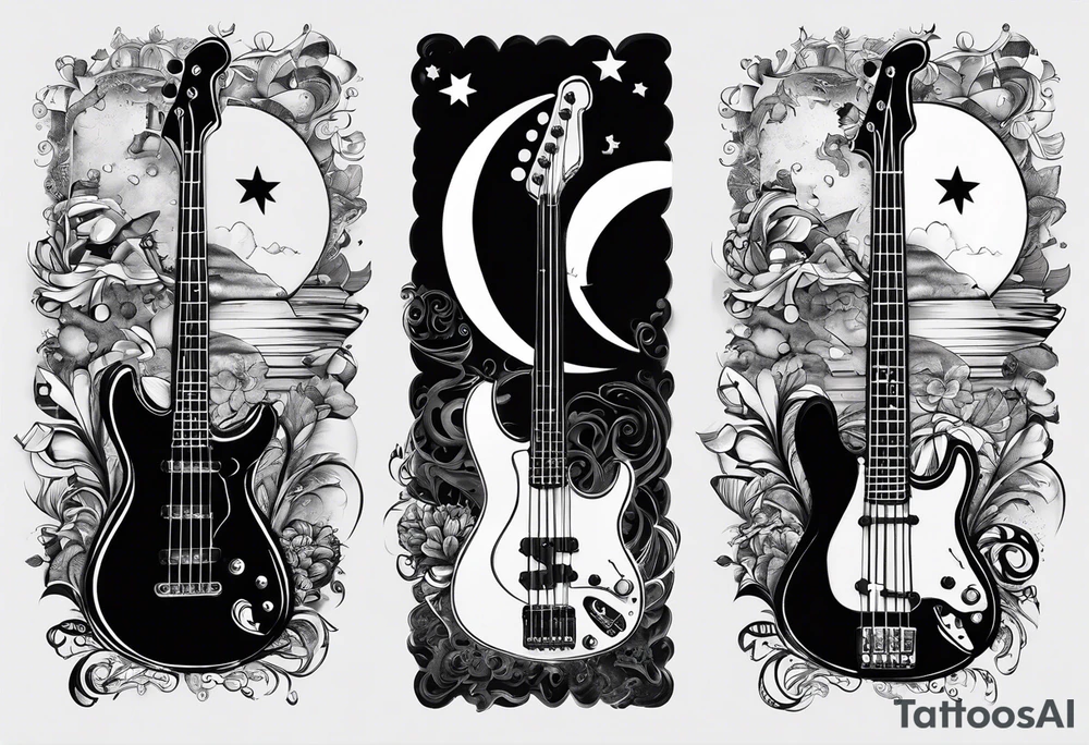 Collage for full sleeve with:
2 stars, 
1 quarter moon, 
a bass guitar, 
a caduceus symbol and 
a mickey mouse shadow tattoo idea
