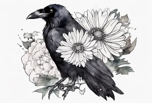 a raven with a white chrysanthemum headband tattoo idea