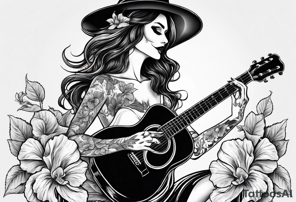 a female skeleton holding a hibiscus flower and a male skeleton playing a guitar. tattoo idea