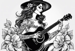 a female skeleton holding a hibiscus flower and a male skeleton playing a guitar. tattoo idea