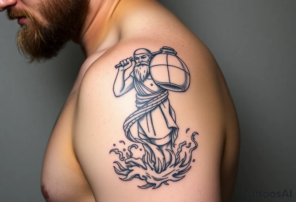 A large humanized god carrying a jar on his shoulder, from which it flows out of the water to create a marine environment tattoo idea