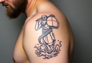 A large humanized god carrying a jar on his shoulder, from which it flows out of the water to create a marine environment tattoo idea