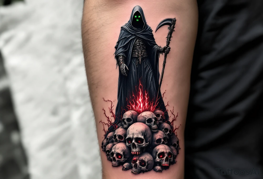 A black-and-gray Reaper with deep green eyes standing atop a pile of glowing red skull tattoo idea