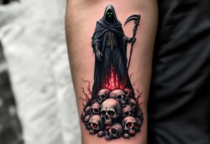 A black-and-gray Reaper with deep green eyes standing atop a pile of glowing red skull tattoo idea