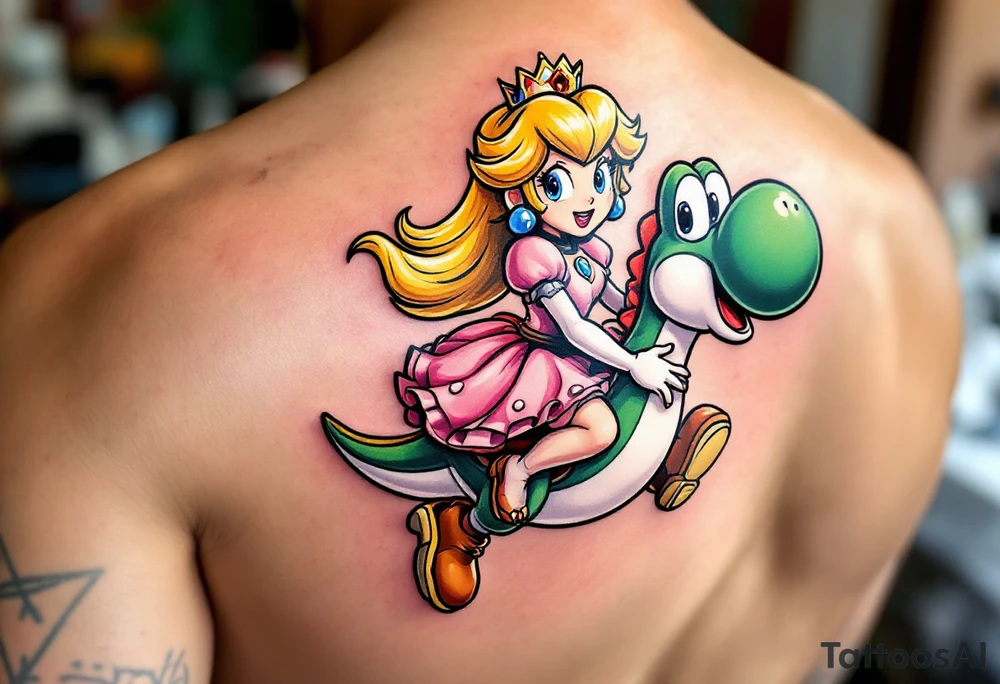 Princess Peach riding Yoshi from Mario Bros with vibrant colors. Make it more like the super Mario bros movie. Her dress should be poofier and covering her legs while he has red saddle with white trim tattoo idea