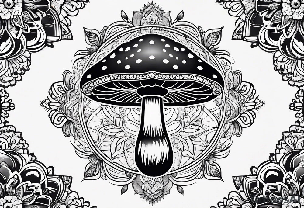 Black mushroom tattoo with henna style mandala design surrounding it tattoo idea
