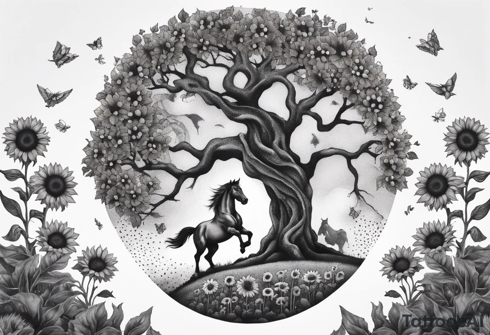 Yggdrasil tree, horse in front of it, and sunflowers tattoo idea