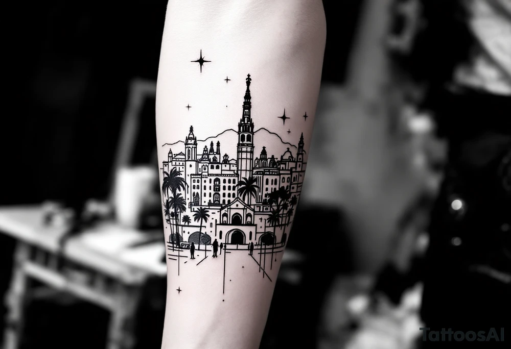 Creative Barcelona cityscape leg sleeve tattoo idea