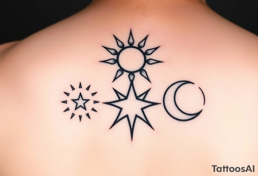 Cute sun, star and moon with three images of the same size and each one can be filled in black by three sisters and with a line running through them all linking them together tattoo idea