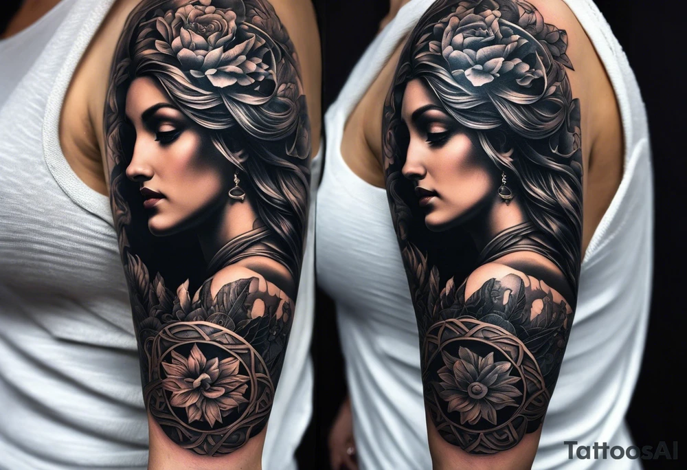 A full tattoo sleeve inspired by Greek mythology, featuring a dark and moody aesthetic with extensive shading. The centerpiece of the sleeve is the Greek goddess Aphrodite, depicted with classical beauty and grace, surrounded by intricate details that emphasize her divine nature. Her flowing hair and robes blend seamlessly into the surrounding elements. Incorporate a mandala effect around Aphrodite, with the mandala patterns subtly woven into the design, adding layers of complexity and depth. The overall theme should be dark, with heavy shading to create a dramatic contrast, evoking a sense of ancient mystery and reverence. The sleeve should also include other mythological elements such as laurel wreaths, classical columns, or ocean waves, to complement Aphrodite’s story and enrich the overall design. The design is for a man and should be masculine. tattoo idea